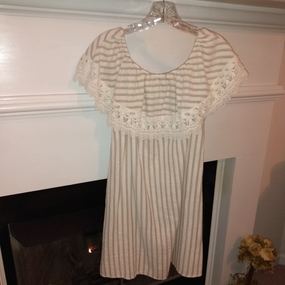 Kori  Cream Tan Stripe Off shoulder Dress  Size Small New with Tags